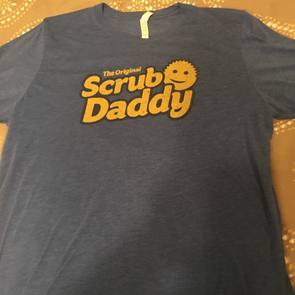 Blue soft tee with scrub daddy logo